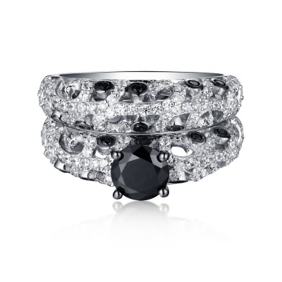 Round Cut Black Sapphire 925 Sterling Silver Ring Sets