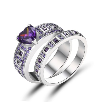 Heart Cut Amethyst Sterling Silver Bridal Sets