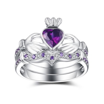 Heart Cut Amethyst 925 Sterling Silver Claddagh Bridal Sets