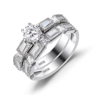 Round Cut White Sapphire Sterling Silver Women's Wedding Ring Set