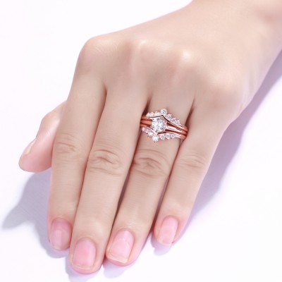 Round Cut S925 Silver White Sapphire Rose Gold 3 Piece Ring Sets