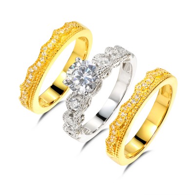 Round Cut White Sapphire 925 Sterling Silver Gold 3 Piece Ring Sets