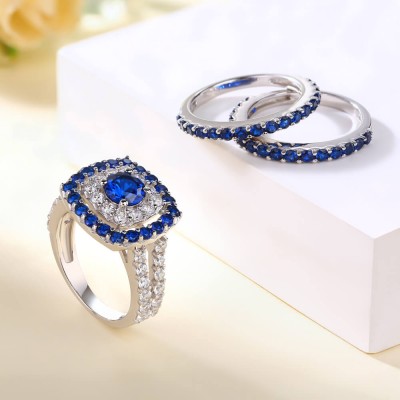 Round Cut Blue Sapphire 925 Sterling Silver Double Halo 3-Piece Bridal Sets