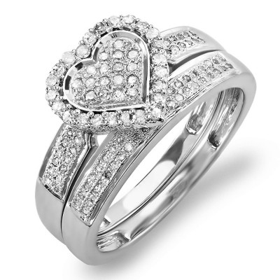 Heart Shape Round Cut White Sapphire Sterling Silver Halo Wedding Ring Sets