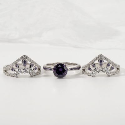 Vintage Art Deco Round Cut Amethyst 925 Sterling Silver 3 Pieces Crown Bridal Sets