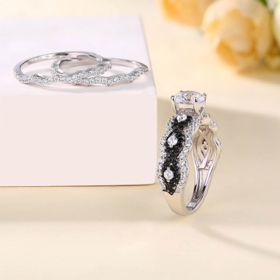 Round Cut White & Black Sapphire Sterling Silver 3-Piece Bridal Sets