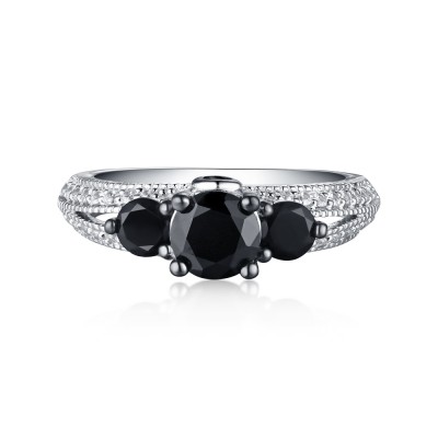 Round Cut S925 Silver Black Sapphire 3-Stone Engagement Rings