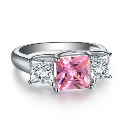 Princess Cut 925 Sterling Silver Three Stone Pink & White Sapphire Engagement Rings