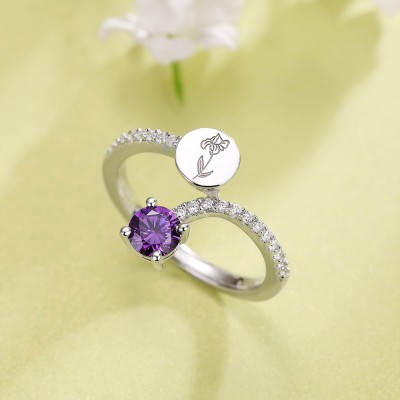 Personalized Round Birthstone with Birth Flower 925 Sterling Silver Ring