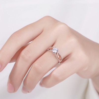 "Angel Wings" Round Cut White Sapphire Rose Gold Sterling Silver Womens Engagement Ring