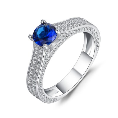 Round Cut Blue and White Sapphire Sterling Silver Engagement Ring