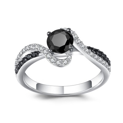 Cushion Cut Black 925 Sterling Silver Engagement Ring