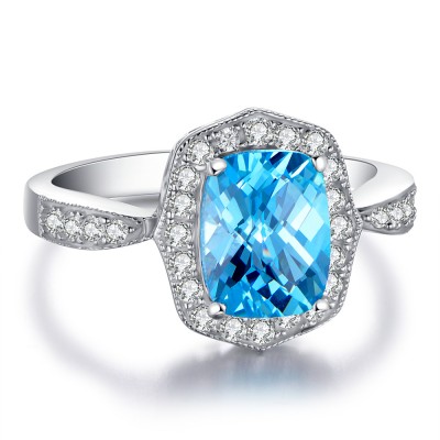 Cushion Cut Aquamarine 925 Sterling Silver Women's Engagement Ring