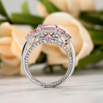 Princess Cut Pink Sapphire 925 Sterling Silver 3-Stone Engagement Ring