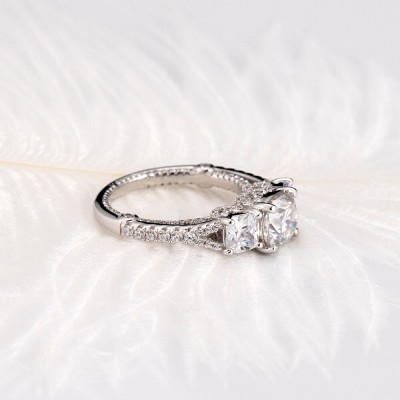 Cushion Cut White Sapphire 925 Sterling Silver Three Stone Engagement Ring