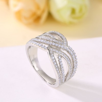 Round Cut White Sapphire 925 Sterling Silver Wave Women's Band