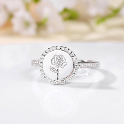 Personalized Round Birth Flower 925 Sterling Silver Signet Ring for Women