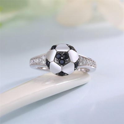 “World Cup” Round Cut Black Sapphire 925 Sterling Silver Soccer Ball Ring