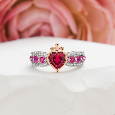 Heart Cut Ruby 925 Sterling Silver Crown Promise Ring