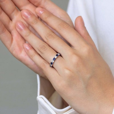 Round Cut Blue & White Sapphire Sterling Silver Eternity Wedding Band for Women