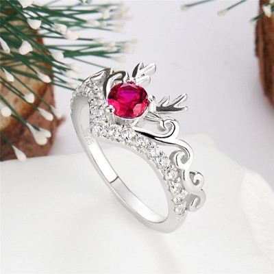 Round Cut Ruby 925 Sterling Silver Deer Antler Engagement Ring