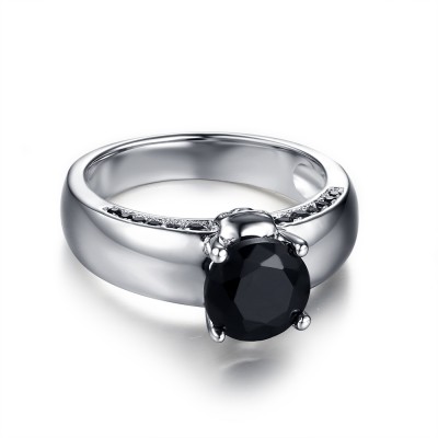 Round Cut Black Gemstone Sterling Silver Women's Ring