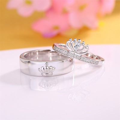 Round Cut White Sapphire 925 Sterling Silver Matching Crown Couple Rings