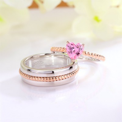 Heart Cut Pink Sapphire 925 Sterling Silver Two-Tone Twisted Rope Couple Rings