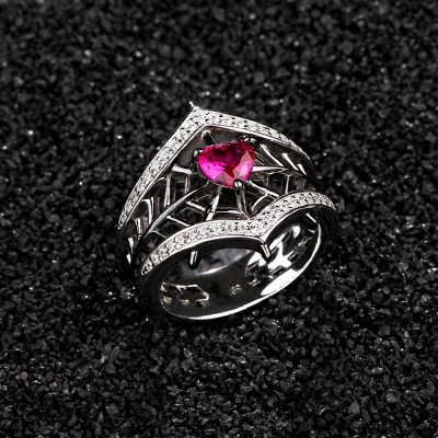 Halloween Heart Cut Ruby 925 Sterling Silver Spider Web Ring