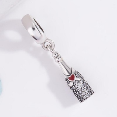 Winebottle with Red Heart Charm Sterling Silver